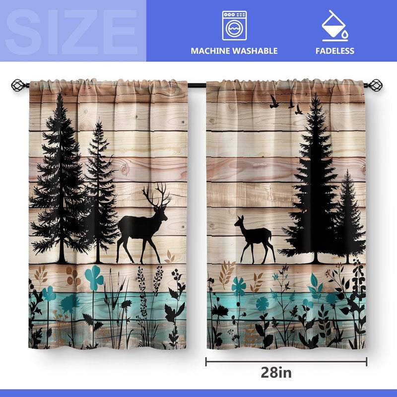 Aimego Forest Deer Kitchen Curtains - Wood Retro Teal Cafe Country Rustic Small Short Tier Window Curtains for Bathroom Living Room Decor Rod Pocket Window Drapes 36 Inch Length Set 28"x36" - Image 3